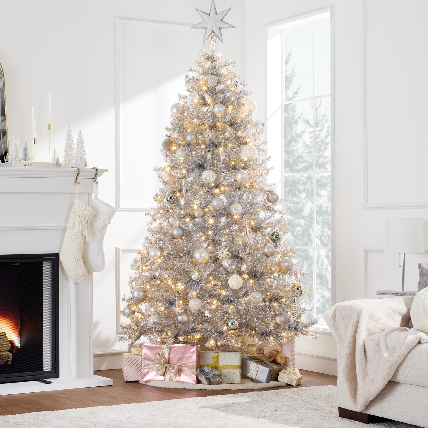 Best Choice Products Prelit Artificial Tinsel Christmas Tree Festive Holiday Decoration w/ Stand - Silver