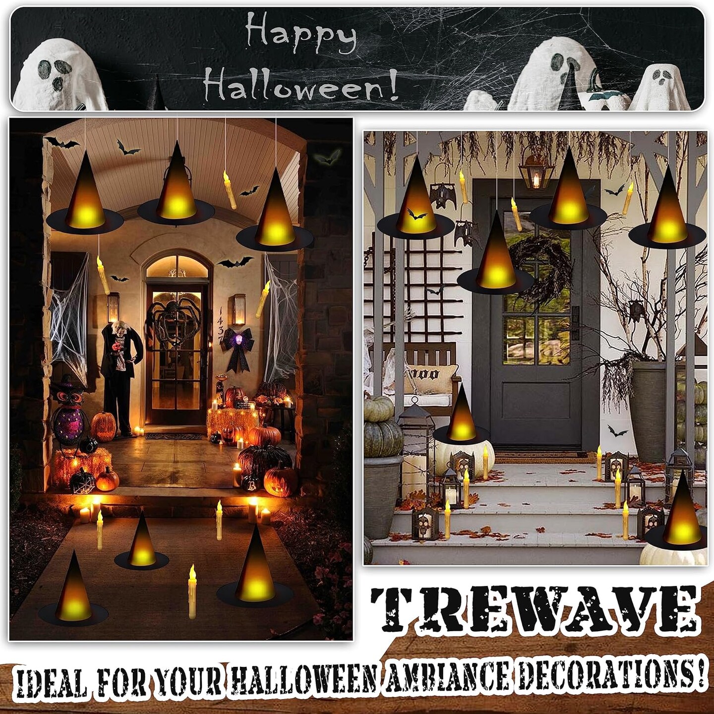 Black Light-Up Witch Hats with Flameless Candles&#x26; 3D Bat Wall Stickers &#x2013; Halloween Decor