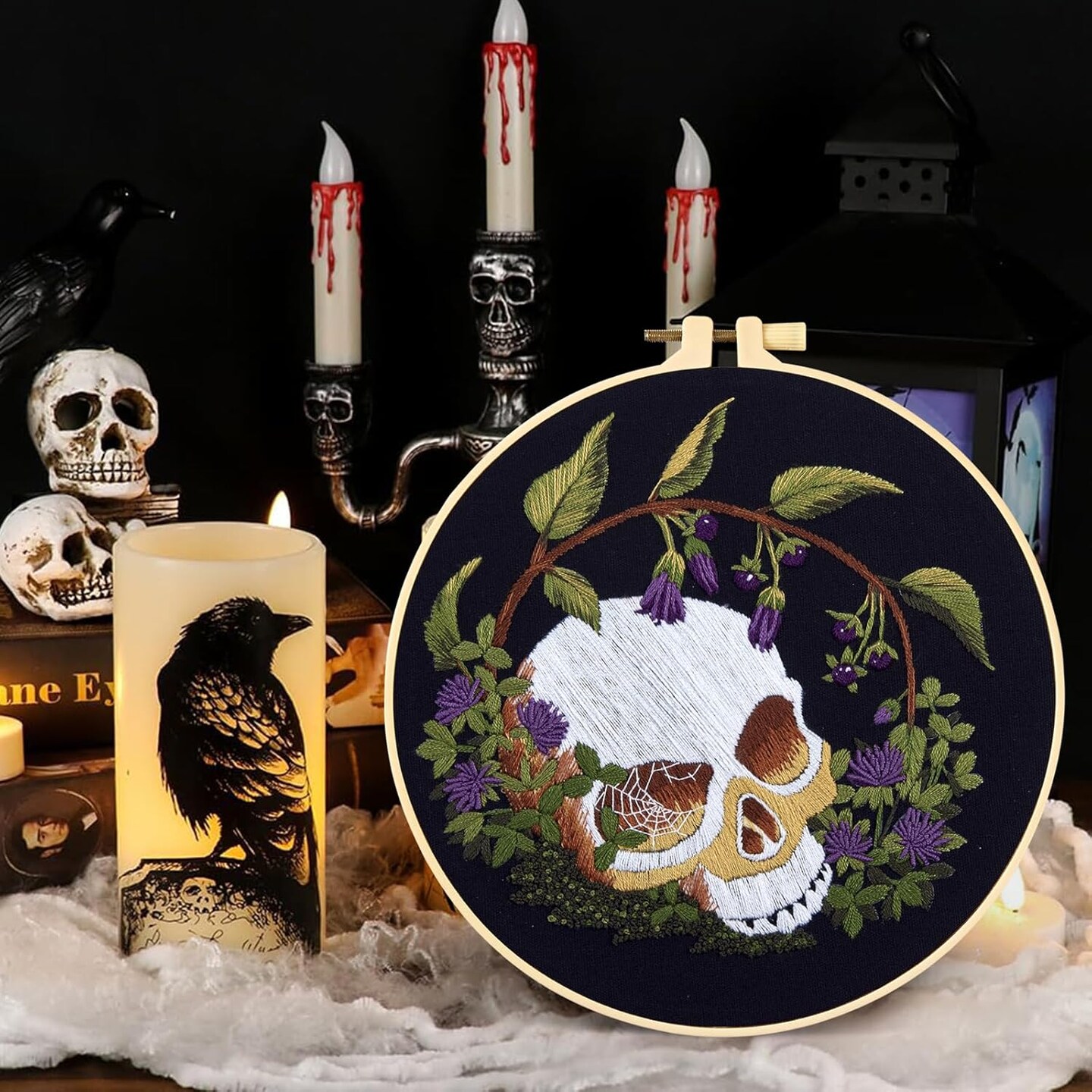 Gothic Skull Embroidery Starter Kits for Beginners Adults, Halloween Stamped Cross Stitch Kit for Beginners Adults