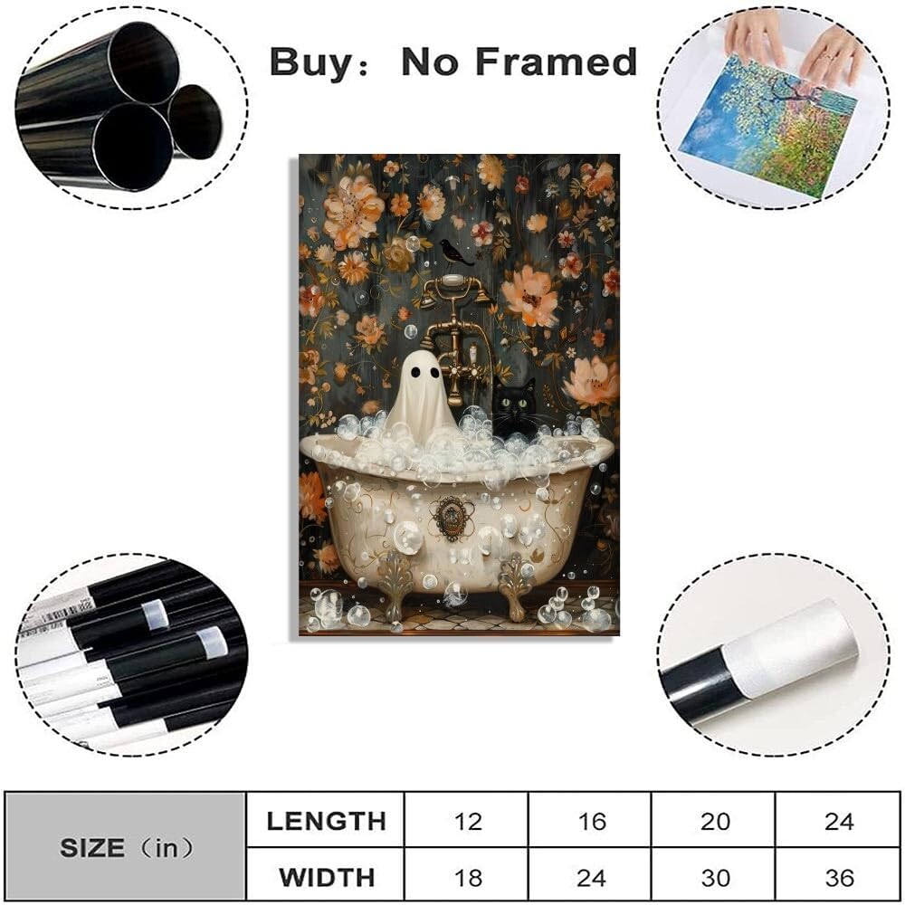 Halloween Canvas Wall Art - Ghost and Black Cat (12x18 Inch)