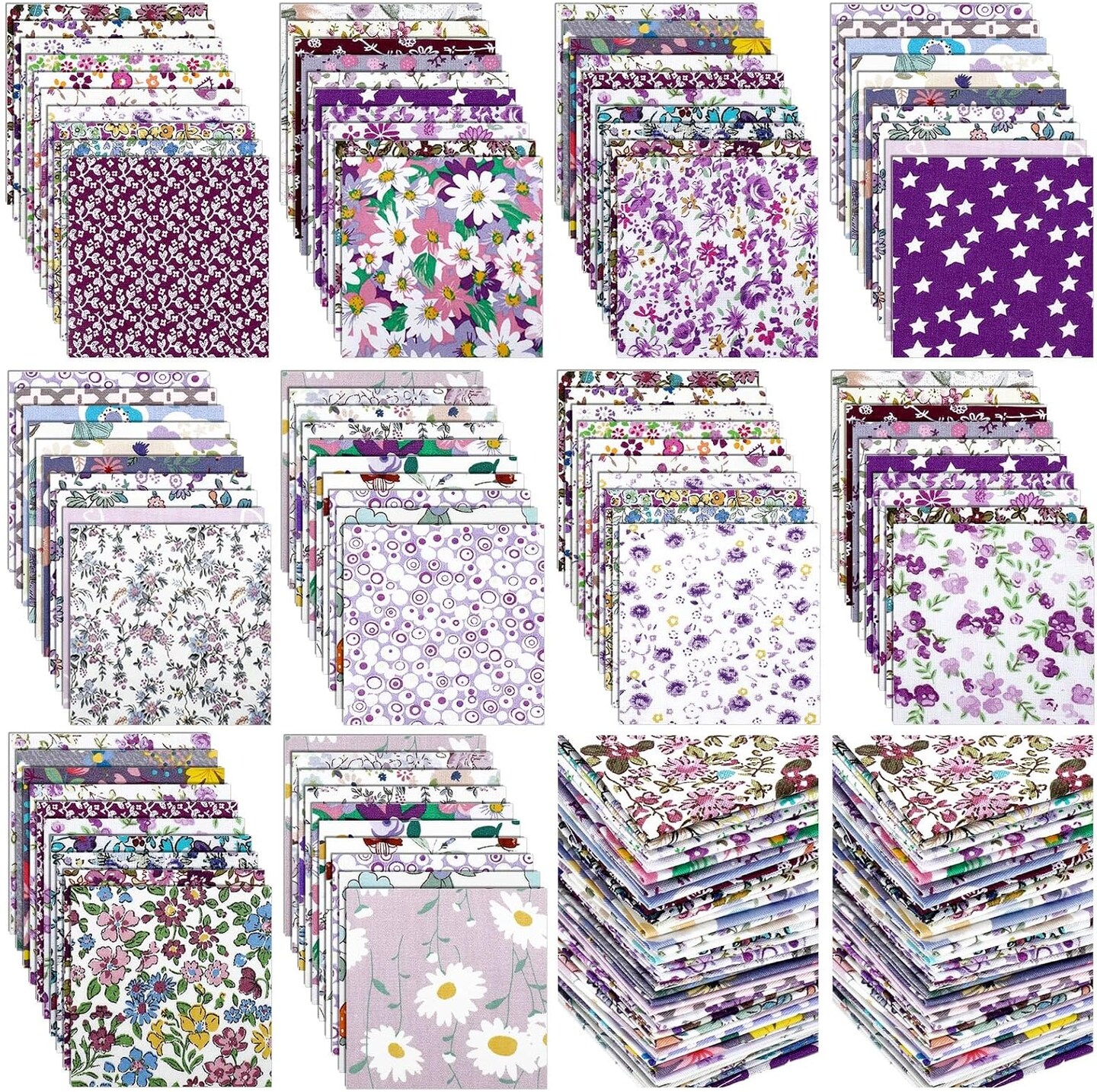 Pre-cut Fabric Cotton Quilting Squares – 600 pcs 4 x 4 Inch Purple Floral Patchwork Fabric Bundle for DIY Sewing & Crafts