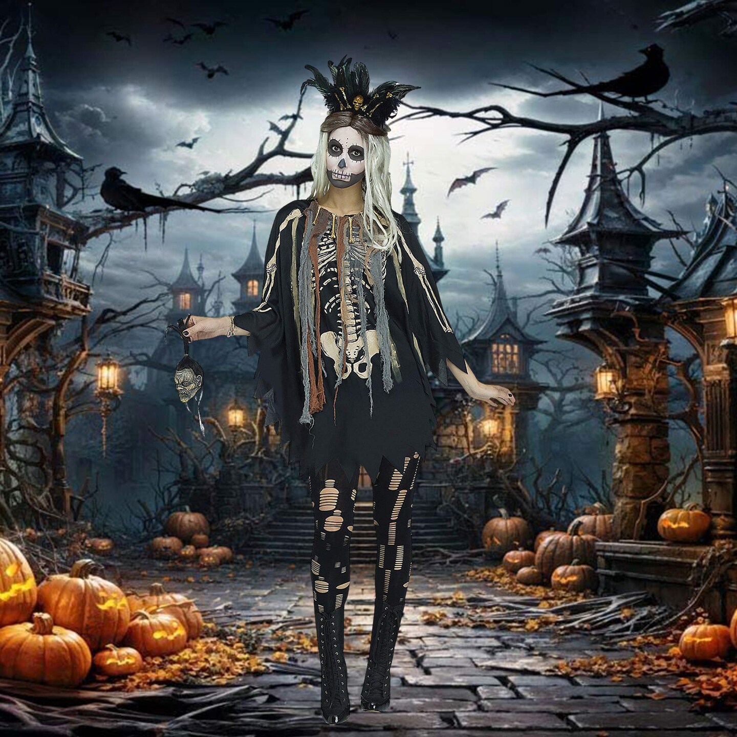 Spooky Voodoo Skeleton Poncho Costume