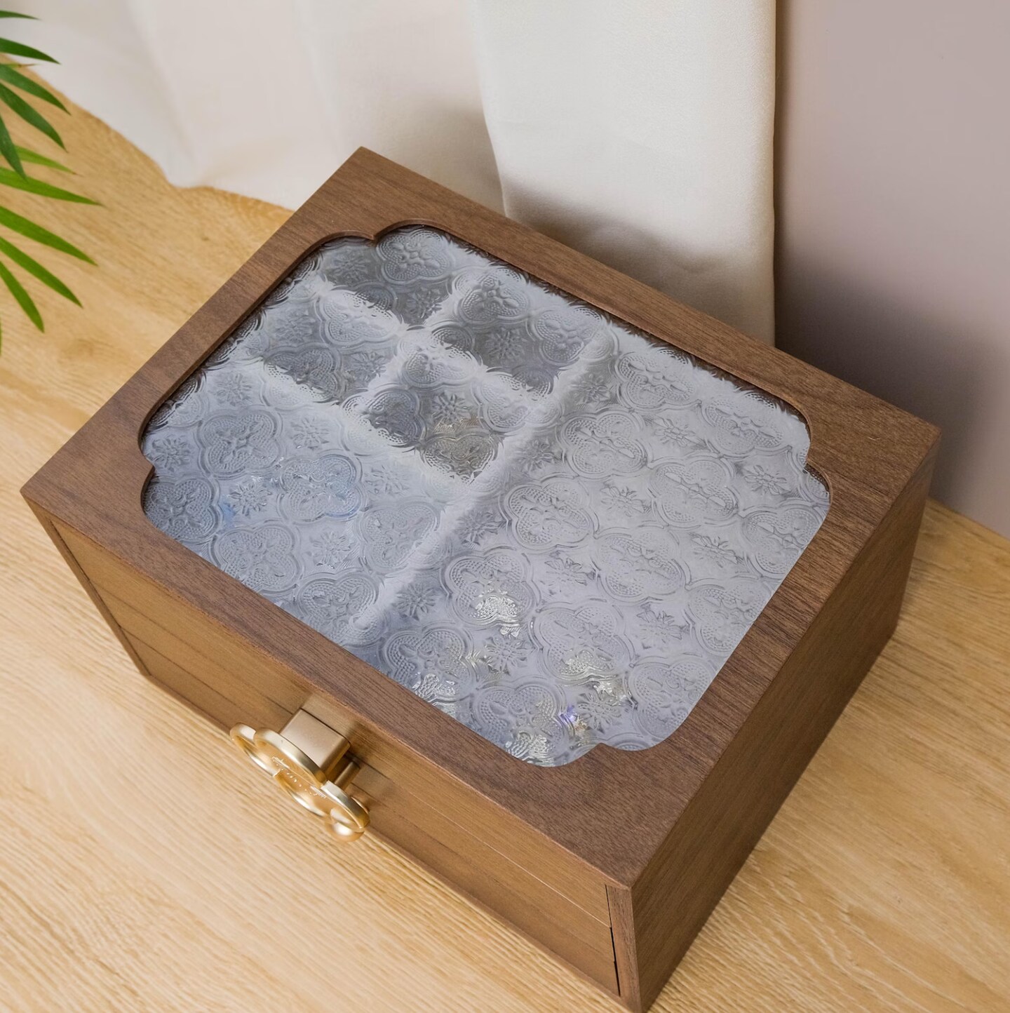 Begonia Flower Glass Walnut Jewelry Box, Custom Wooden Multi