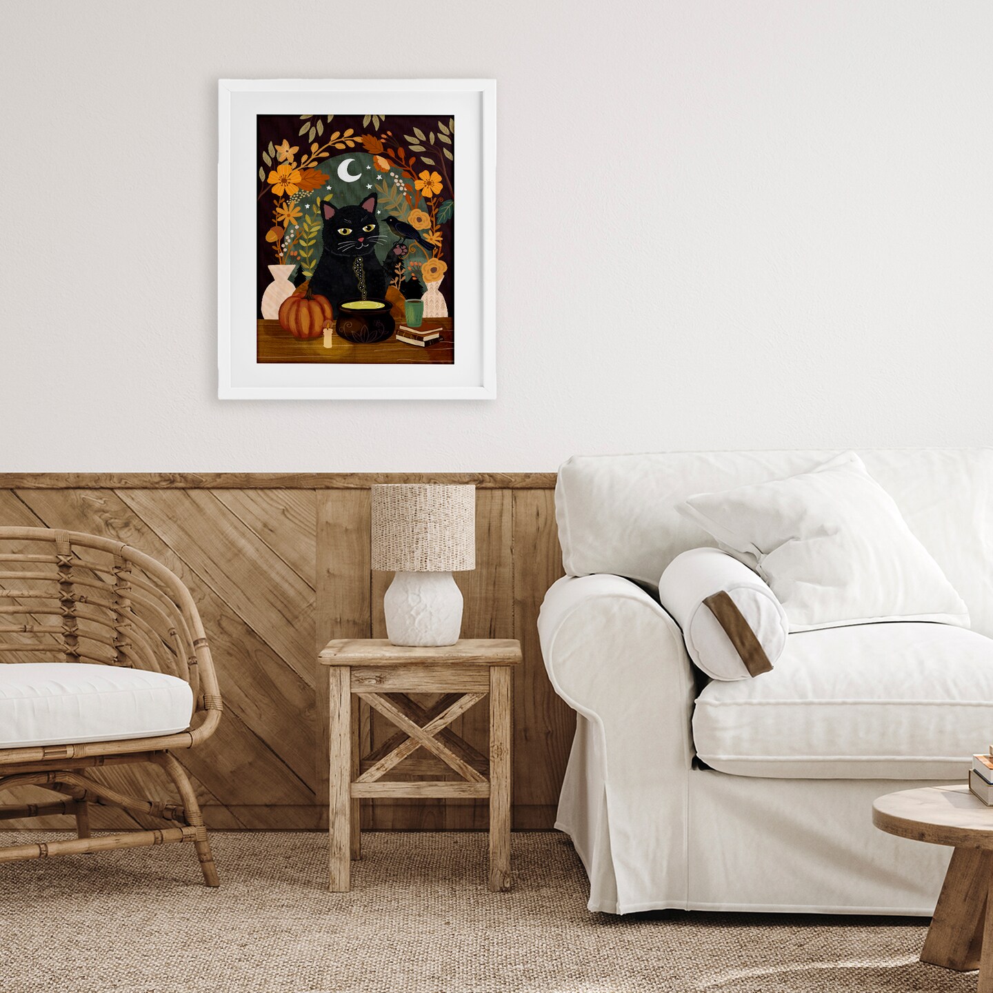 Autumnal Cat &#x26; Cauldron Framed Print Under Glass Art