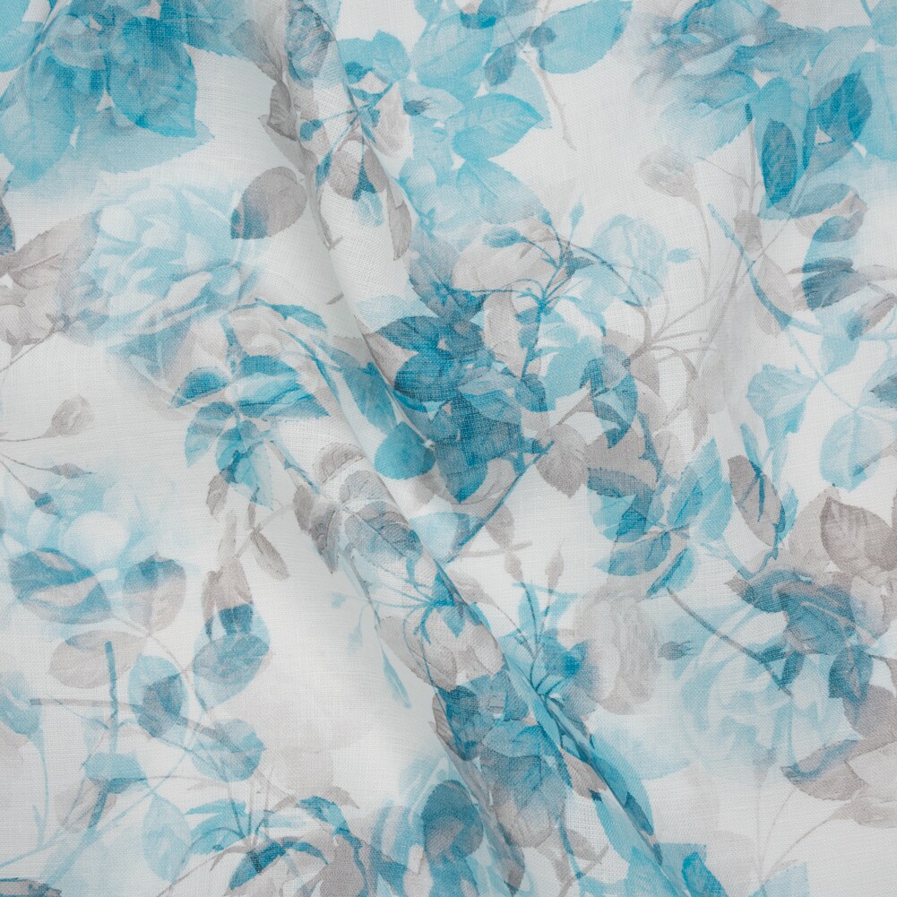1 Yard Medium Weight Linen Woven Print Aqua and Gray on White Airy Leaves