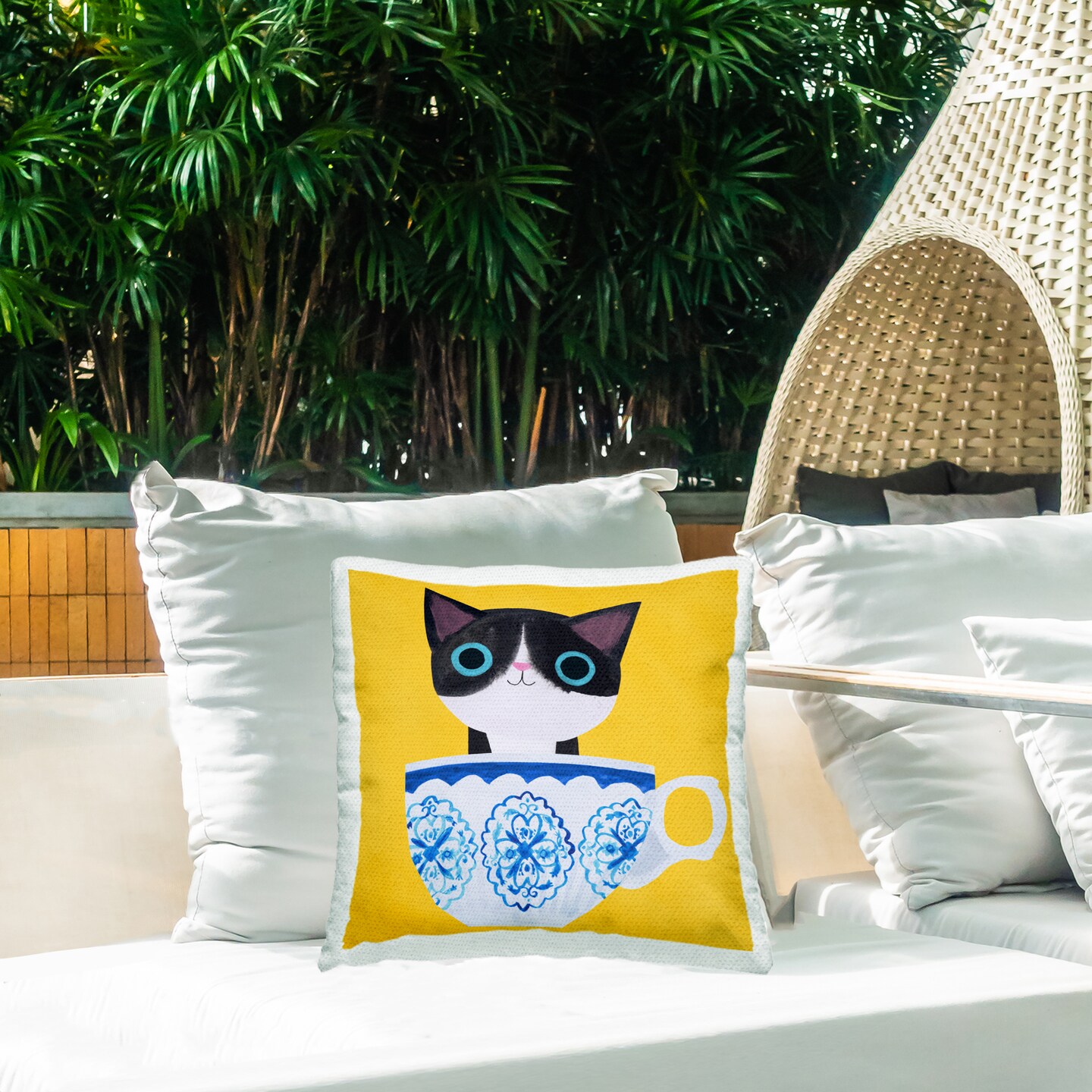 Stupell Industries Teacup Kitten on Yellow Outdoor Pillow, 18 x 7 x 18