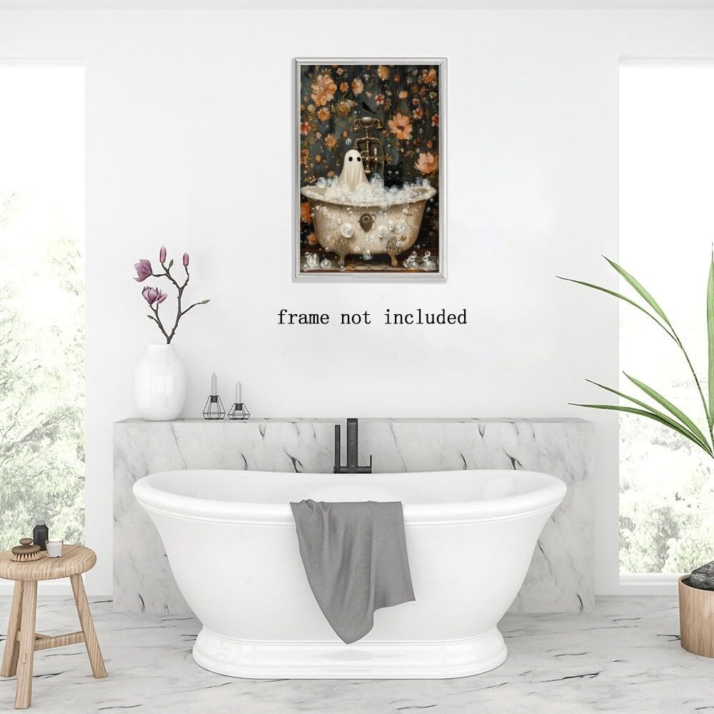 Halloween Canvas Wall Art - Ghost and Black Cat (12x18 Inch)