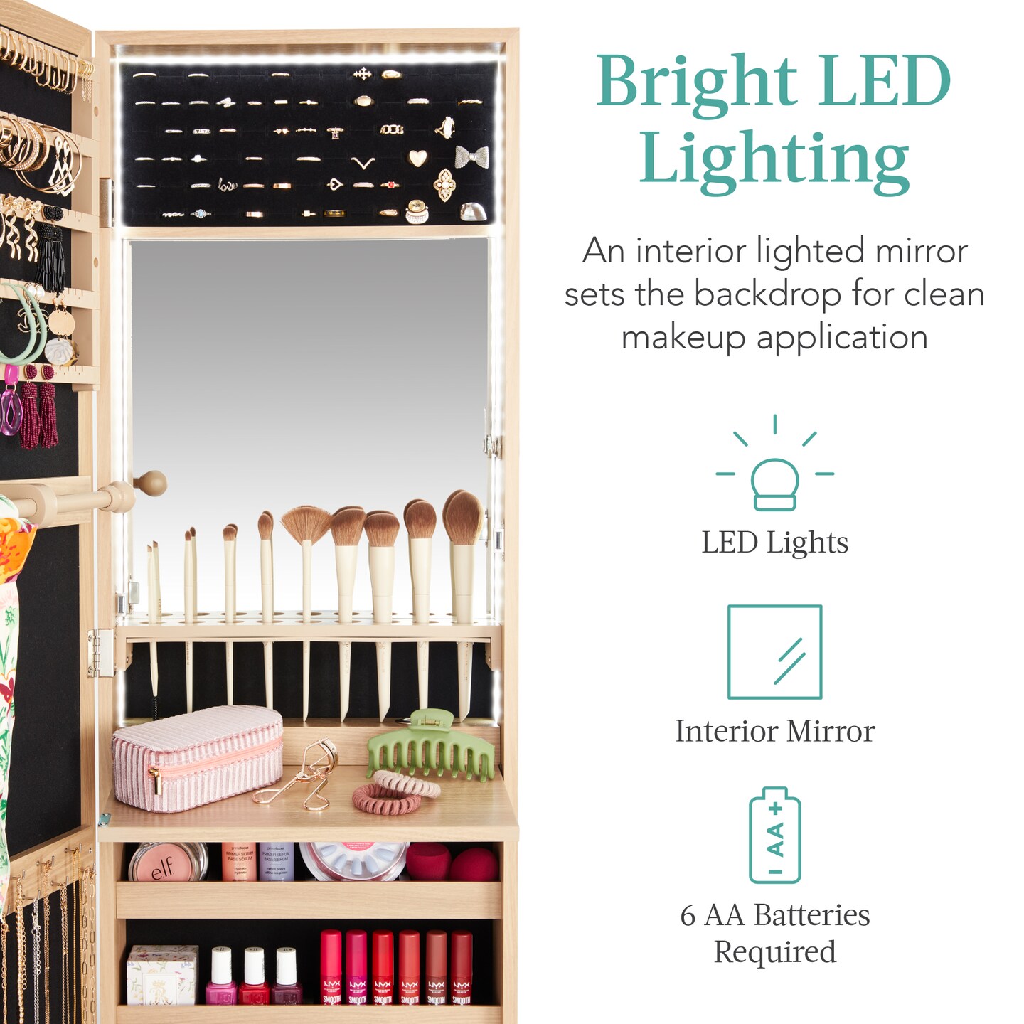 Best Choice Products Hanging Mirror Jewelry Armoire, Door or Wall Mounted Cabinet w/ LED Lights, Lock
