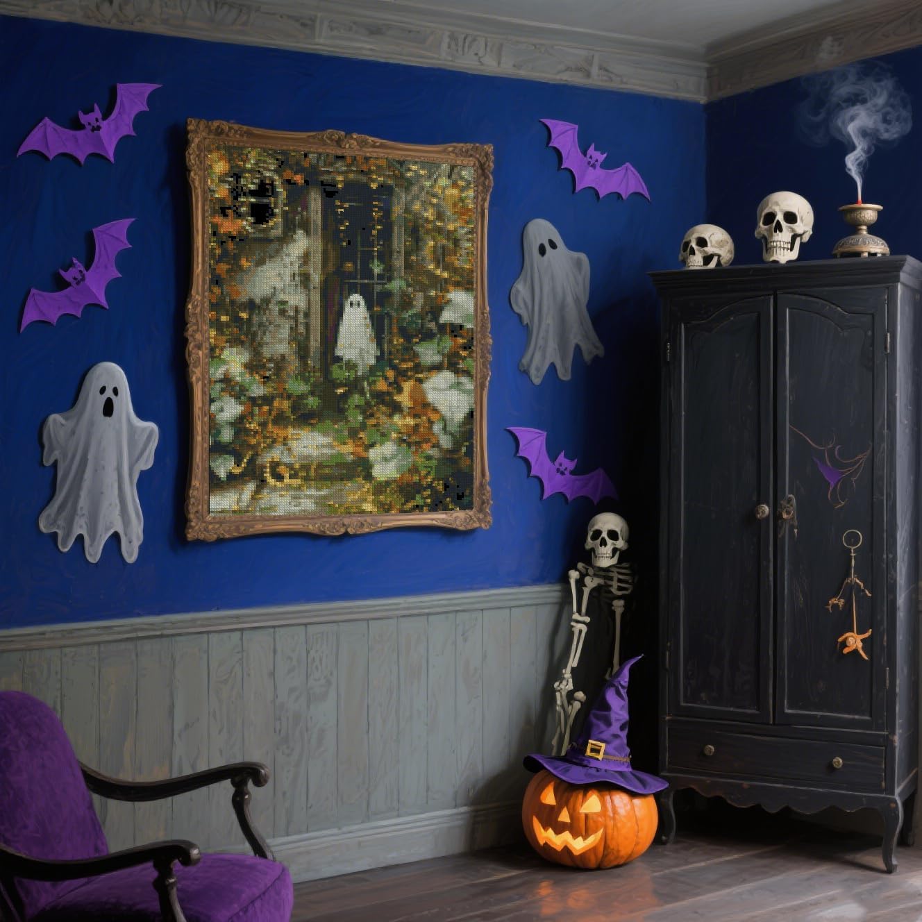 Halloween Counted Cross Stitch Kits for Adults, Ghost Stamped Cross Stitch Kits for Beginners