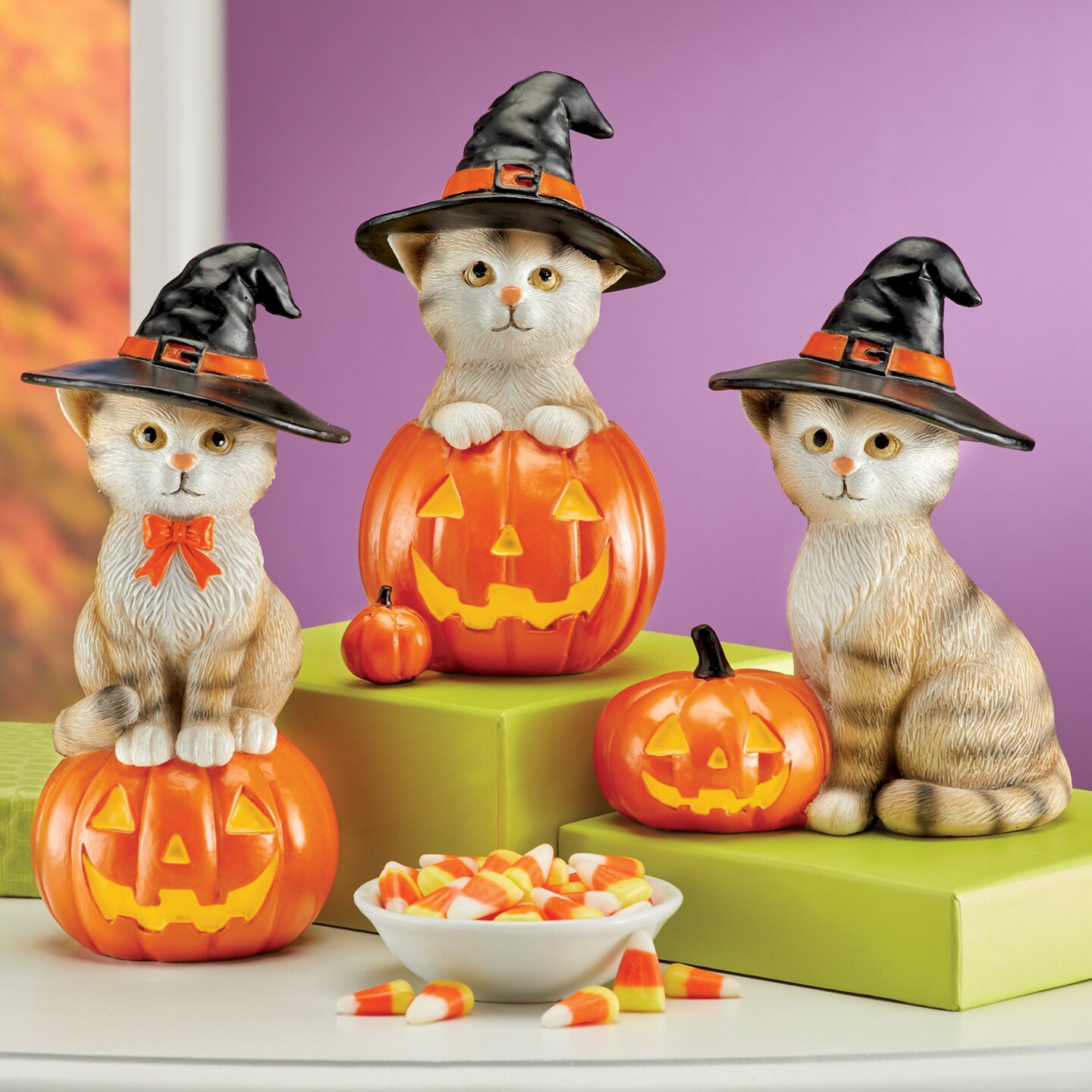 Collections Etc Hand-Painted Pumpkin Witch Cats Halloween Sitters - Set of 3