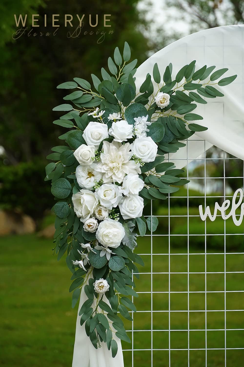 Pack of 3,2Pcs Artificial Flower Arch Decor,1Pcs Sheer Drape for Wedding Ceremony Arbor