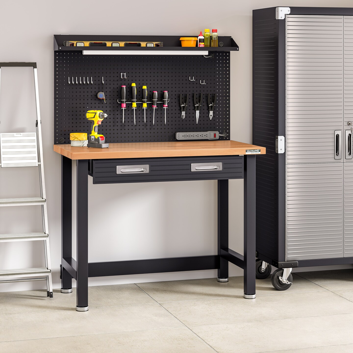 Seville Classics UltraHD Lighted Workcenter w/ Wood Top and Pegboard
