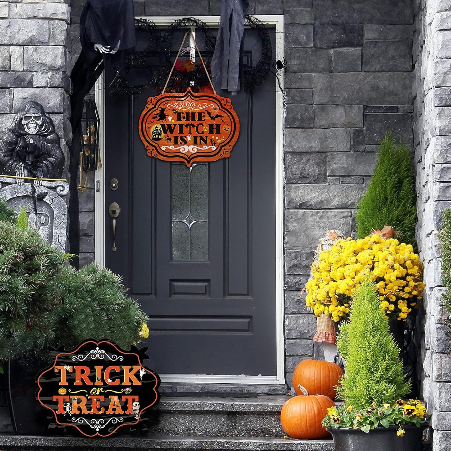 Trick or Treat & The Witch is in Hanging Sign Halloween Wreath Sign - 2 PCS