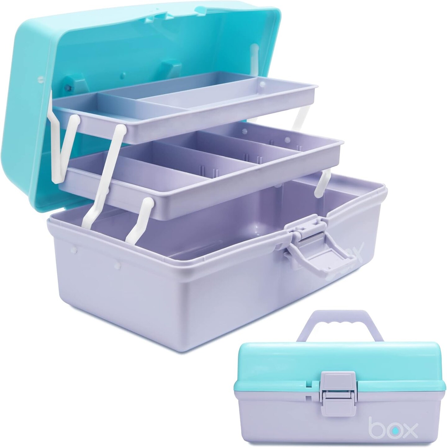 12” 3-Layer Plastic Craft Organizer & Storage Box – Portable Folding Tackle Box with Handle & Adjustable Dividers, Multipurpose Case for Sewing, Art Supplies, Medicine, Tools (Purple & Blue)