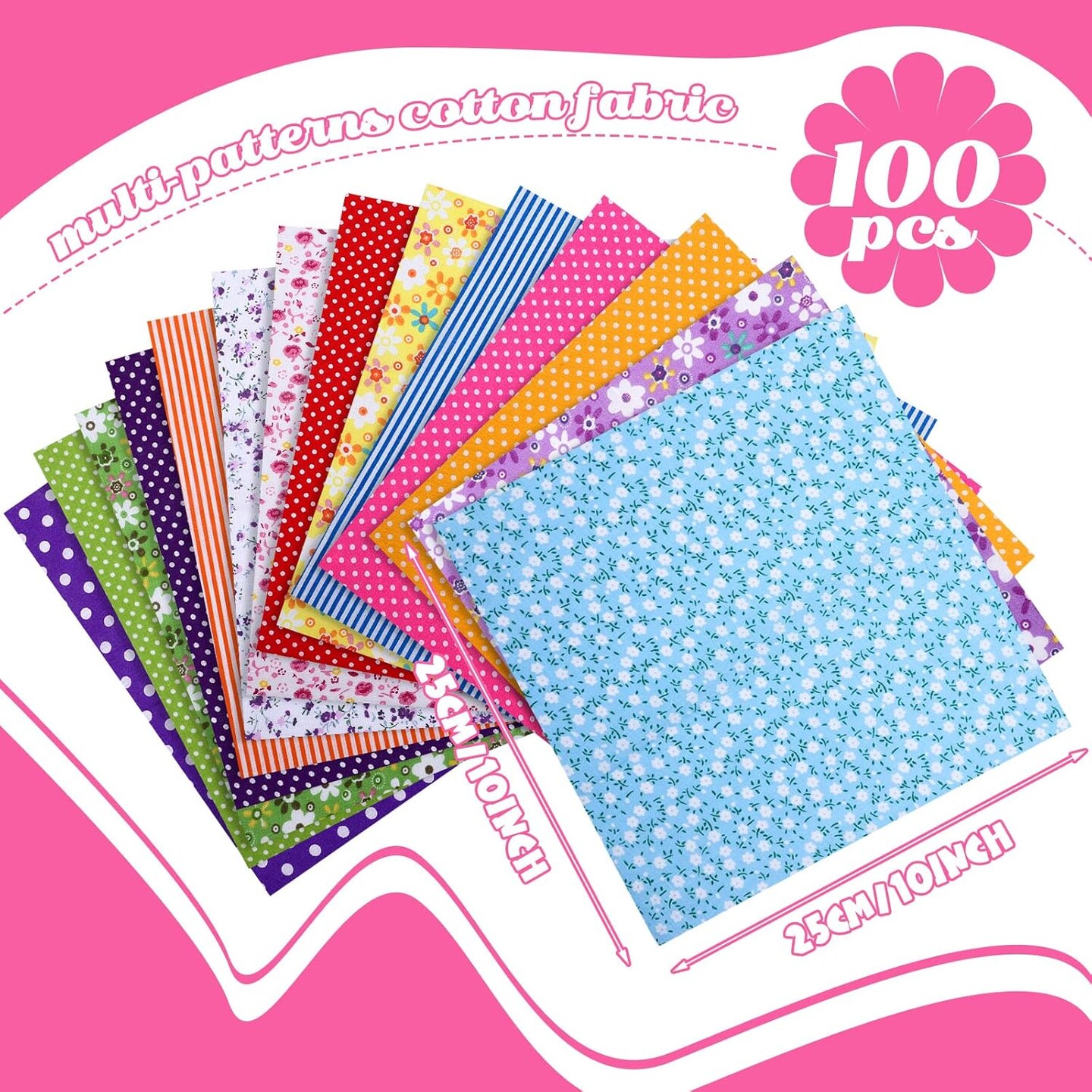 100 Pcs 10 x 10 Inch Cotton Fabric Squares Multicolor Precut