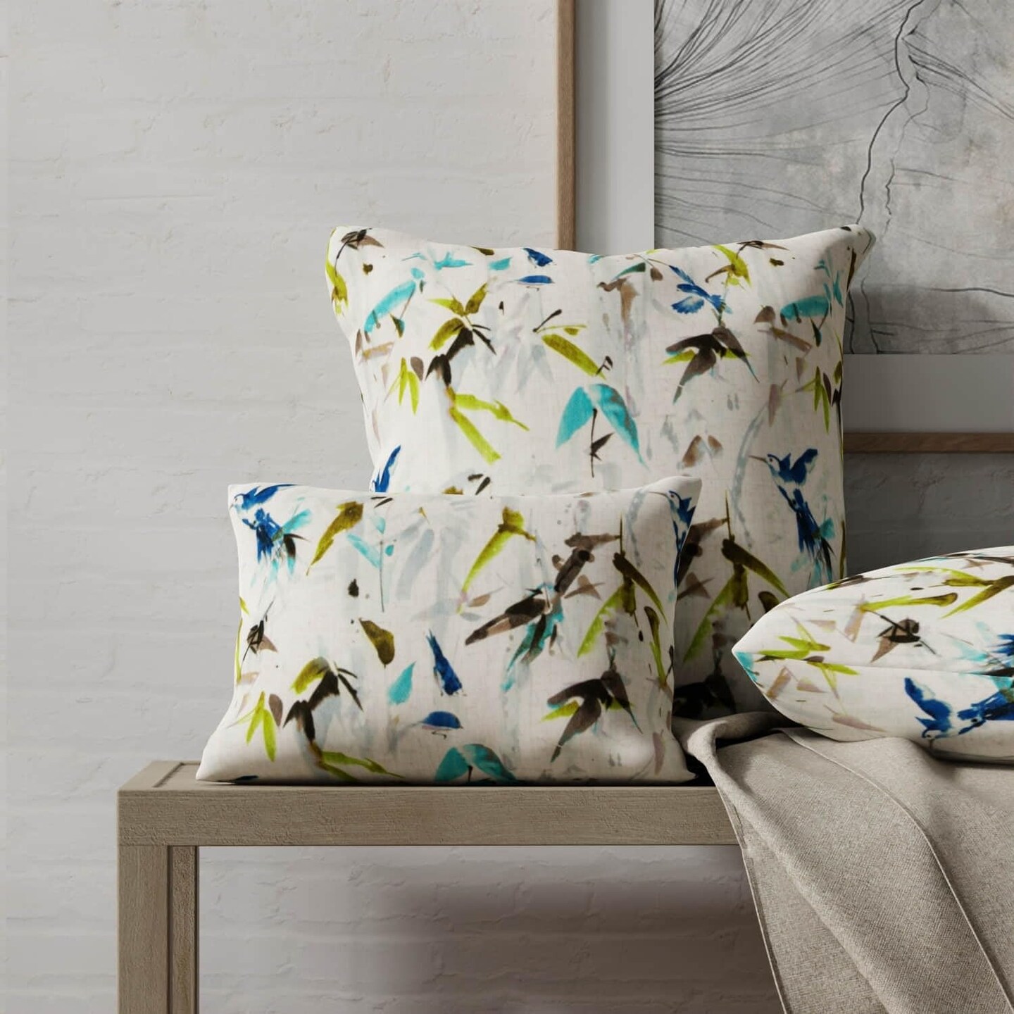 Blue Green Stain Resistant Performance Leaves Botanical Print Upholstery Fabric by The Yard - SKU: Ellison Marine