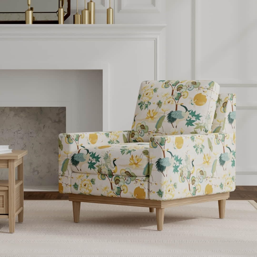 Yellow Green Stain Resistant Performance Floral Novelty Botanical Print Upholstery Fabric by The Yard - SKU: Chopin Sage