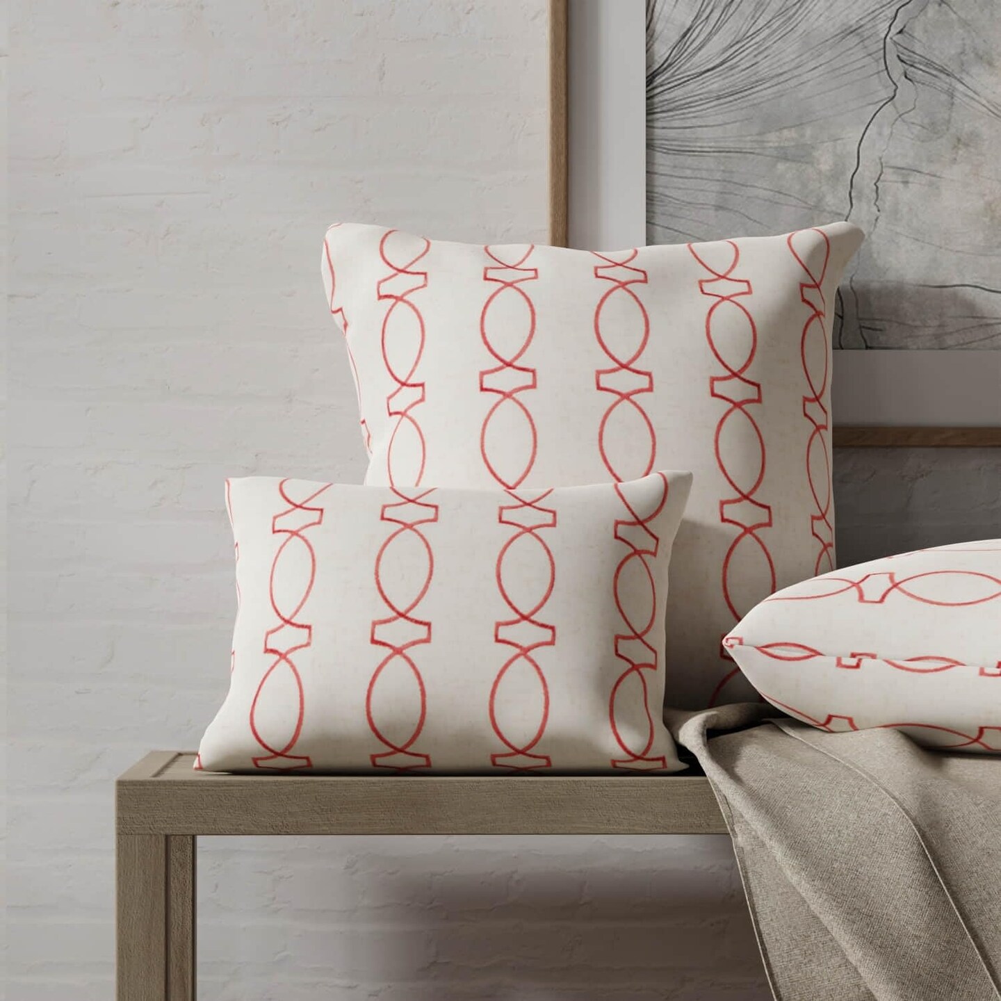 Red Embroidery Geometric Upholstery Fabric by The Yard - SKU: Barkley Carmine