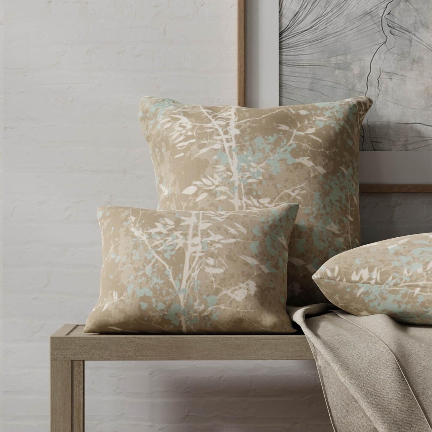 Aqua Grey Stain Resistant Performance Pet Friendly Abstract Leaves Linen Look Print Upholstery Fabric by The Yard - SKU: Selena Mist