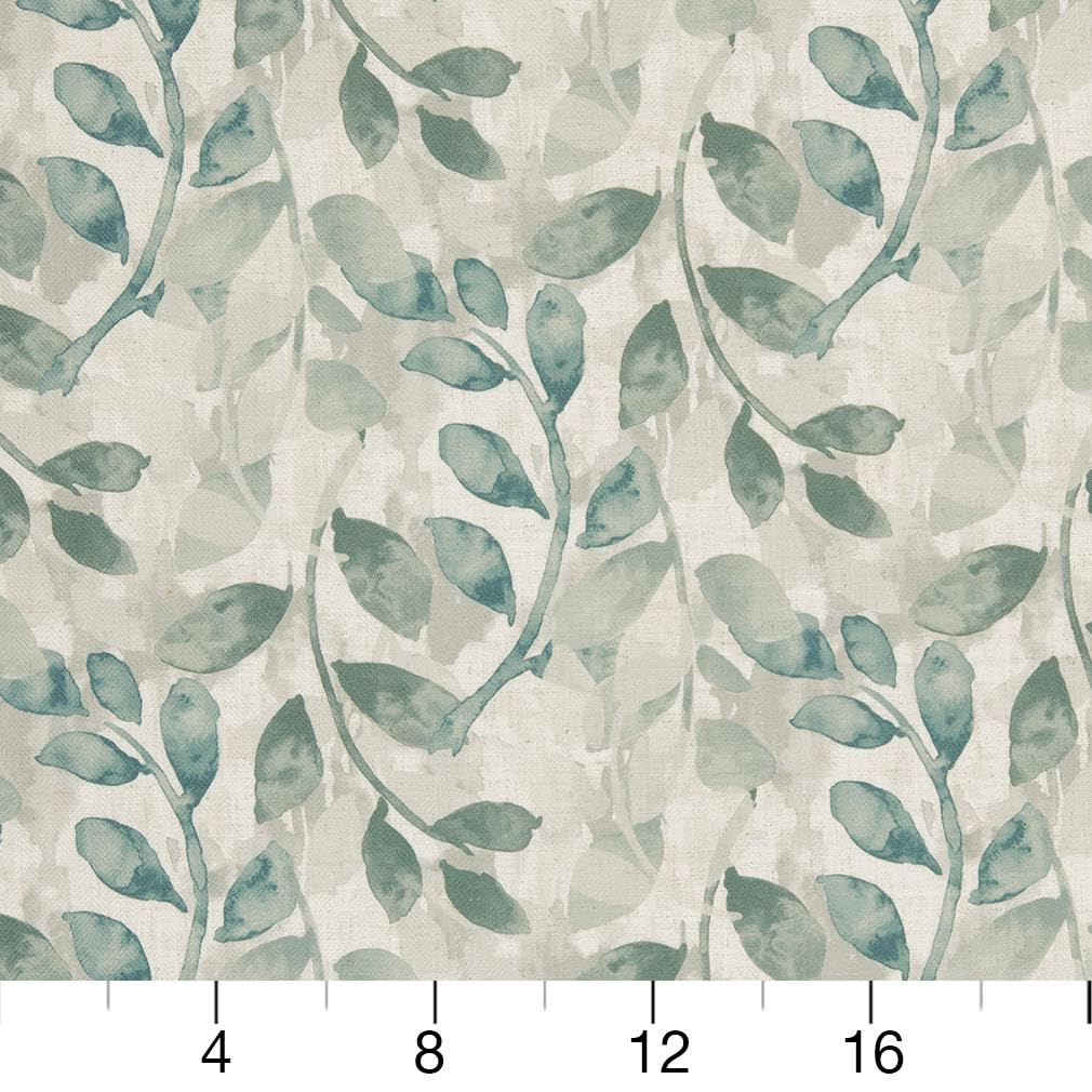 Aqua Leaves Linen Look Print Upholstery Fabric by The Yard - SKU: Charles Mineral