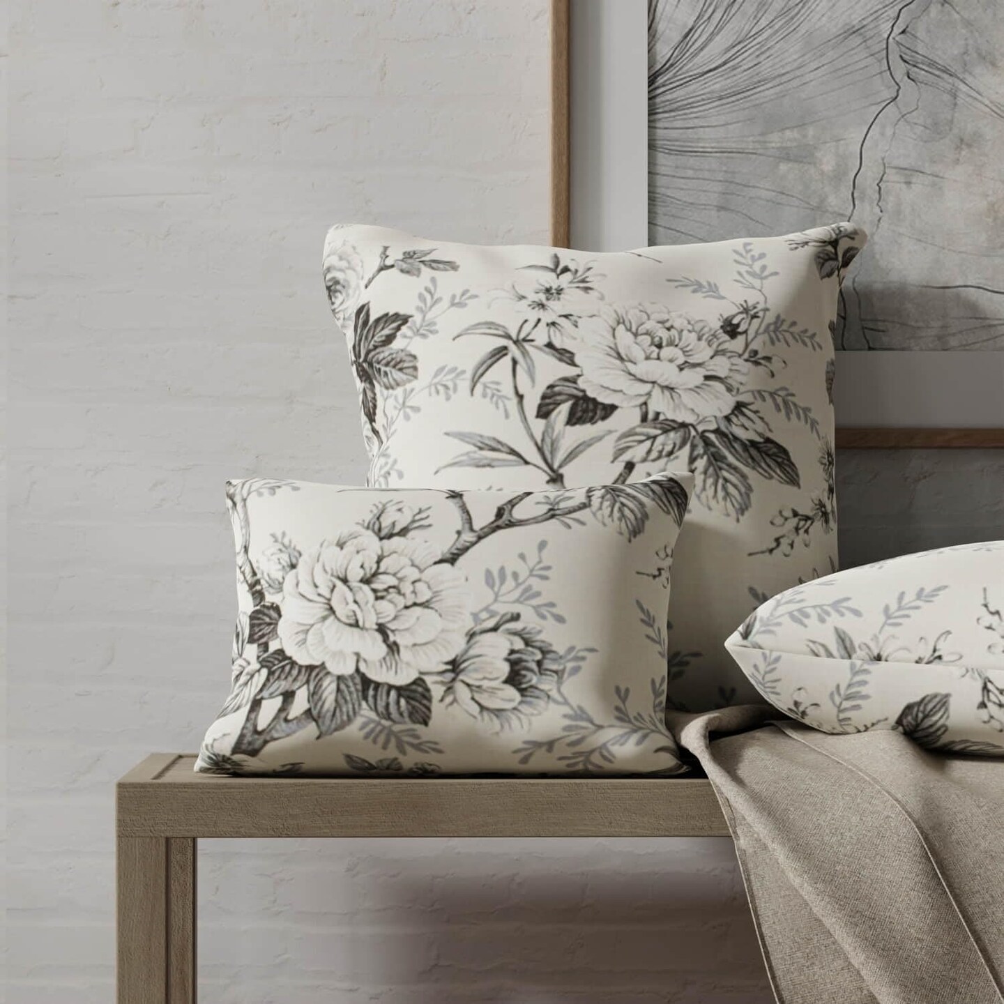 Black Grey Floral Linen Look Print Upholstery Fabric by The Yard - SKU: Bexley Smoke