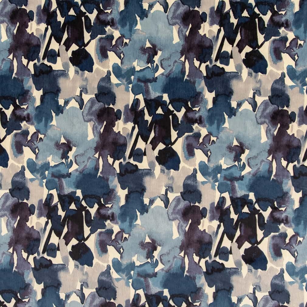 Blue Abstract Floral Print Velvet Upholstery Fabric by The Yard - SKU: Williams Deep Sea