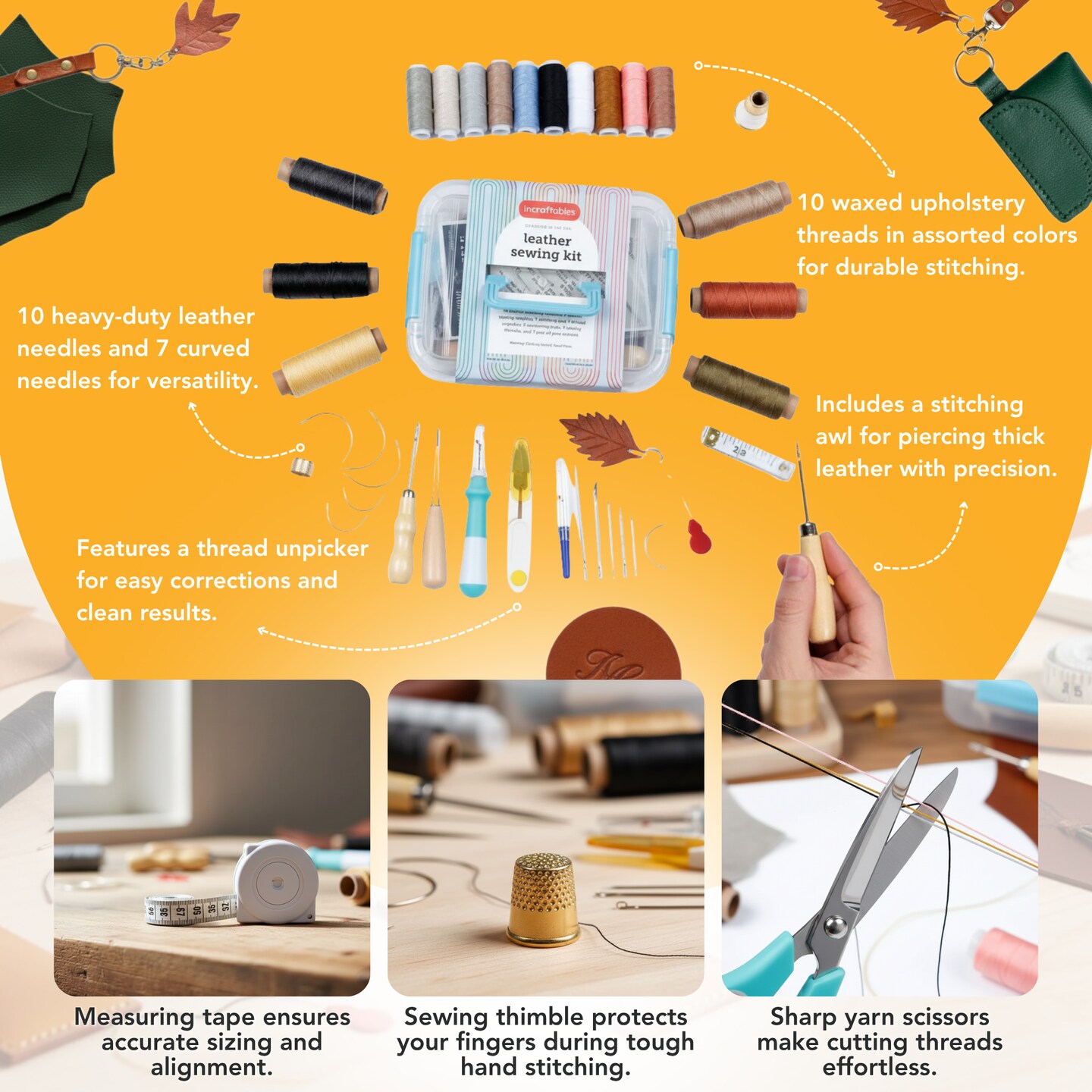 Incraftables Leather Sewing Kit. Heavy Duty Stitching Craft Working Tools Set. Upholstery Repair Kit w/ Waxed Thread Cord, Needles, Tape, Awl, Scissors, Unpicker & Thimble for Beginner Hand Sewing