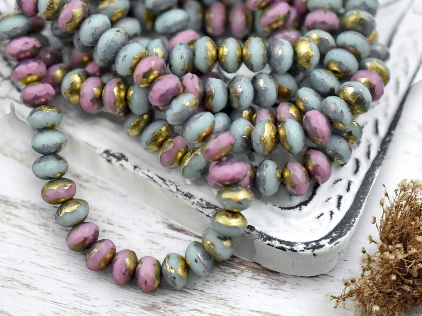 *30* 3x5mm Gold Washed Mixed Pink &#x26; Blue Fire Polished Rondelle Beads