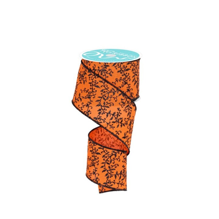 Halloween Ribbon Orange & Black | 2.5"x10yd Glitter Vine Wired Craft Trim-RGF1315P2