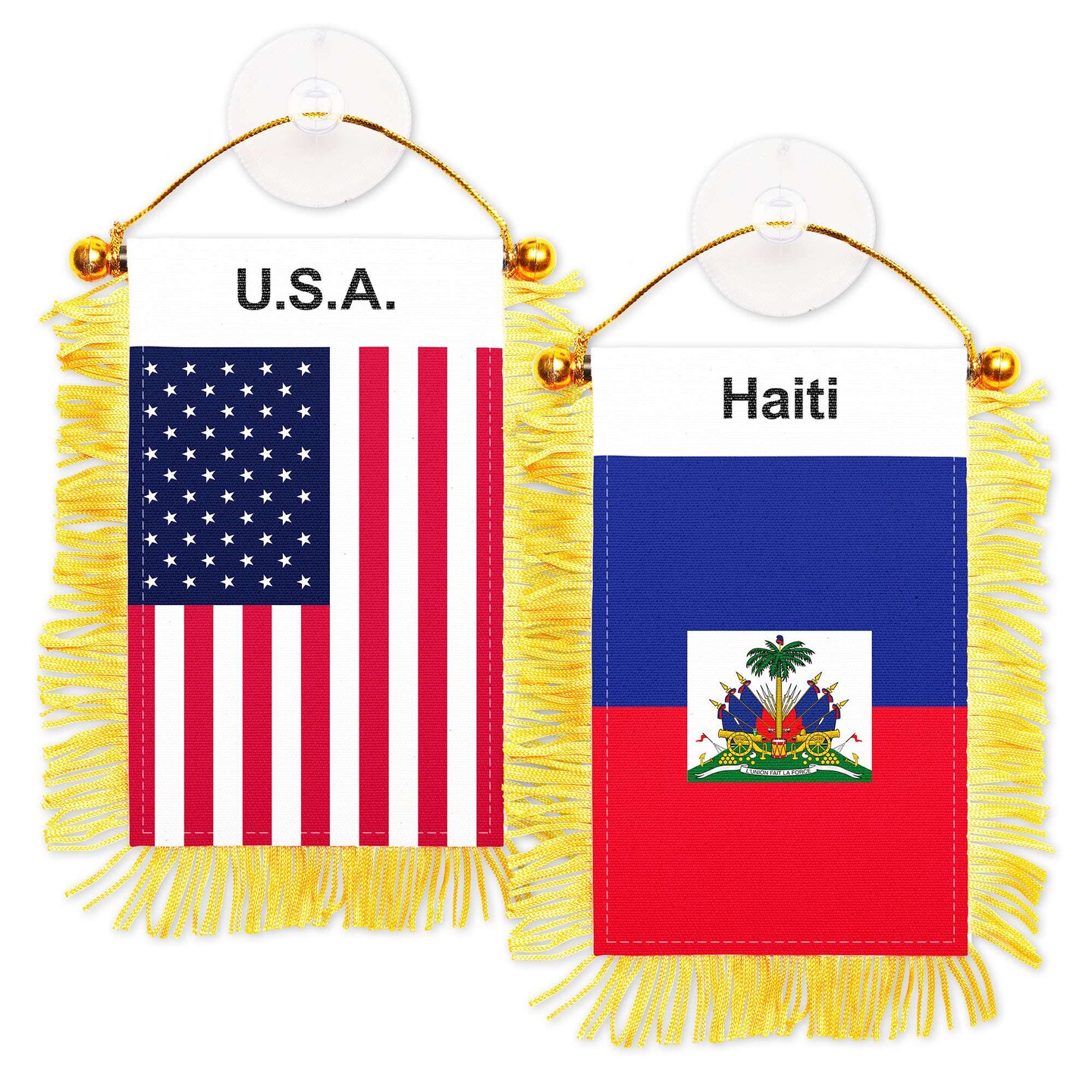 G128 Combo Pack: American USA & Haiti Haitian Fringy Flag Double Sided 3x5 In | Both Fringy Hanging Flag with Suction Cup