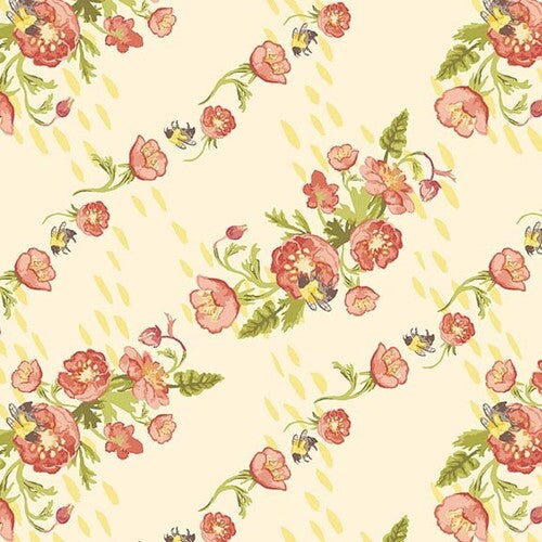 Fabric Henry Glass Cream Diagonal Trellis Floral Bumble and Bloom by the Quarter Yard 1589-42