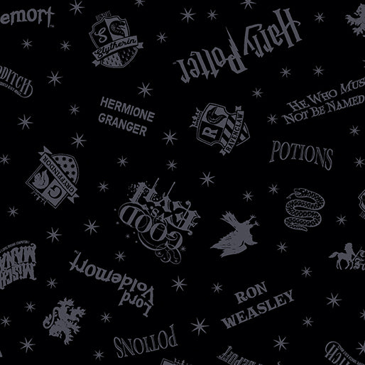 Fabric Benartex Black Shadow Words Harry Potter by the Quarter Yard 15224-12