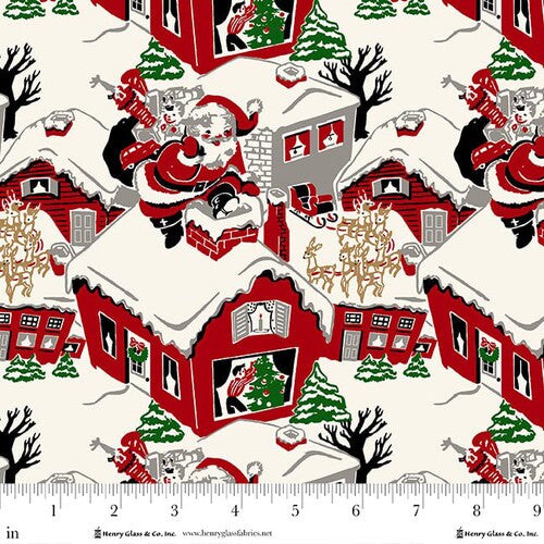 Fabric Henry Glass Multi Rooftop Santa's Coming to Town by the Quarter Yard 1969-89