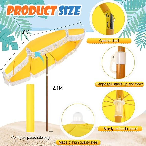 Summer Beach Umbrella with Fringe, Yellow Outdoor Tassel Umbrella with Tilt Button UPF 50+ UV Summer Supply for Outdoor Patio Picnic Beach Garden Lawn Pool