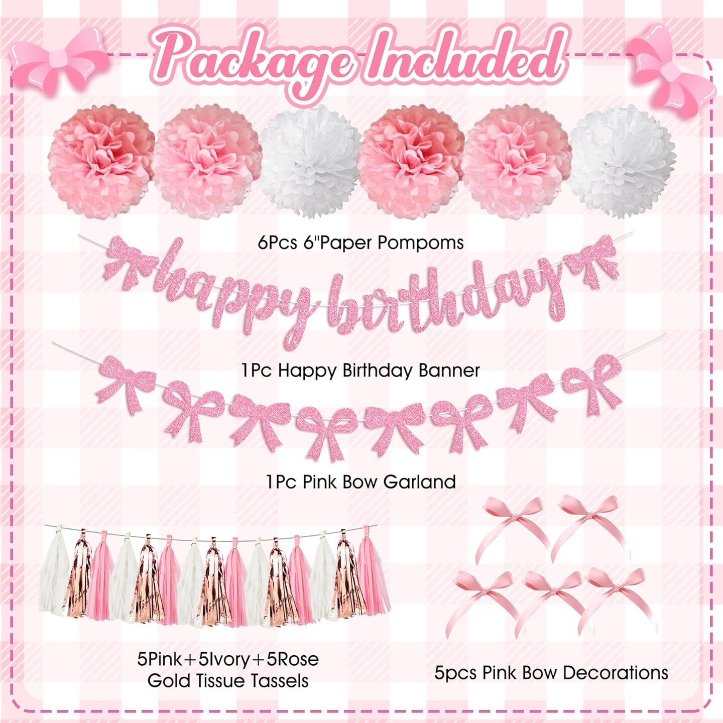 Pink Bow Birthday Party Decorations, Coquette Bow Light Pink and White Confetti Long Balloons Happy Birthday Banner Fringe Curtain Tassel Pompoms for Women Girls Theme Baby Shower Party Decorations