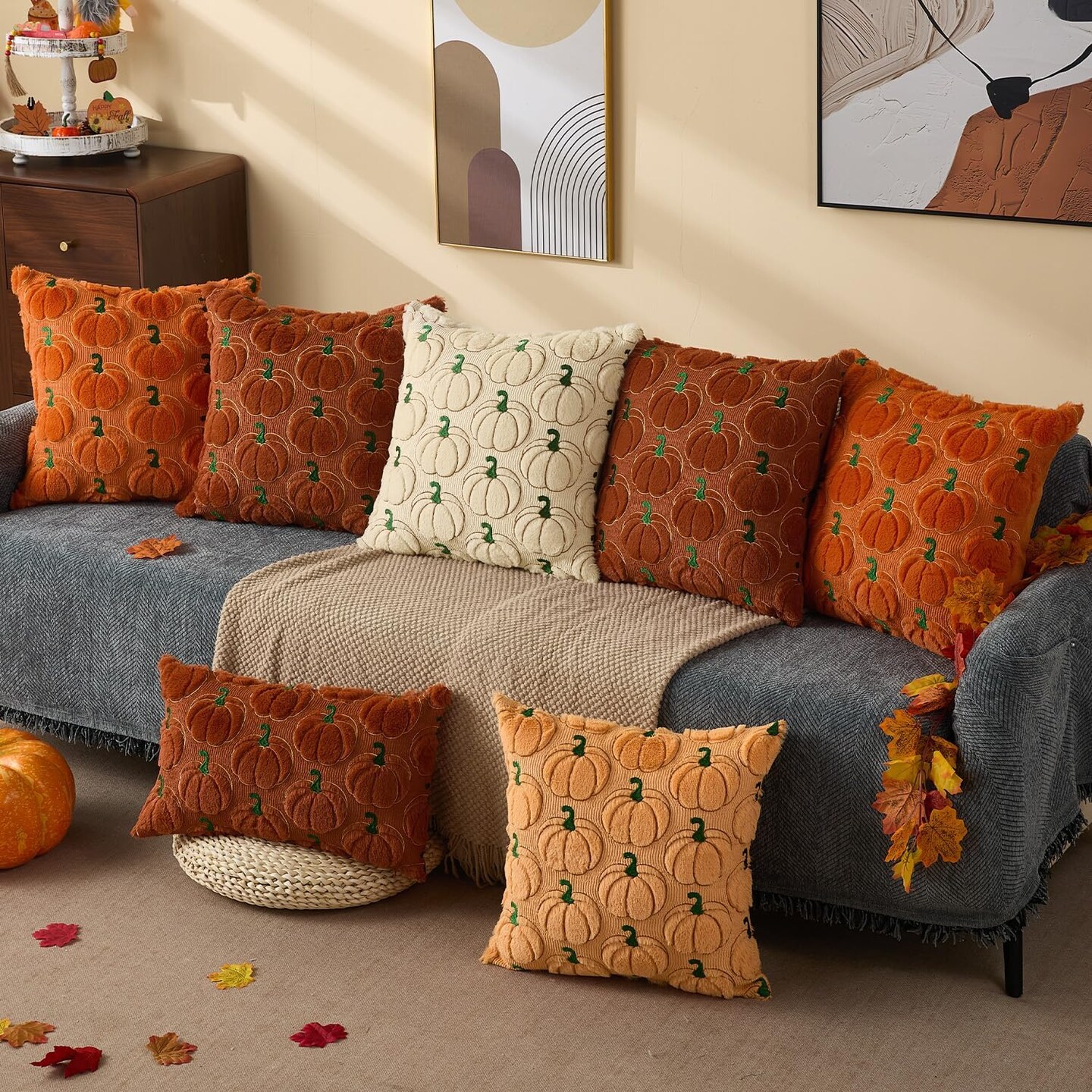 Fall Pumpkin Throw Pillow Covers 20x20 Set of 2 – Rust Orange