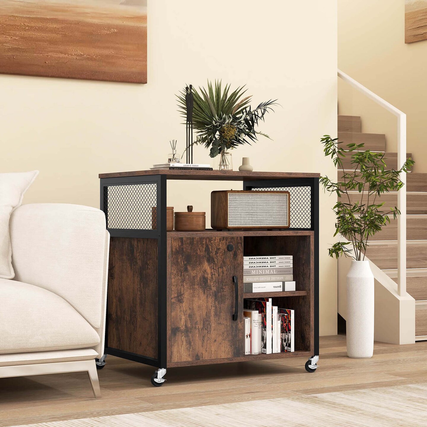 Costway File Cabinet on Wheels with Charging Station & Cable Management Hole Shelves Brown/Grey