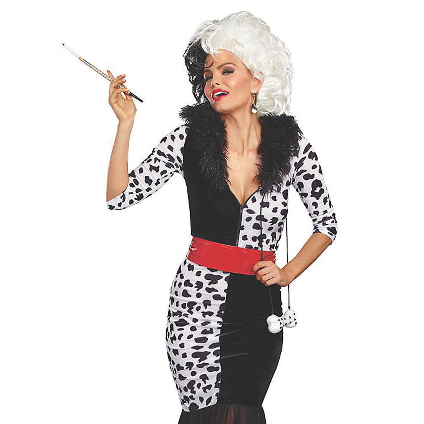 Dalmation Diva Halloween Costume for Women with Faux Fur Collar and Dog Bone