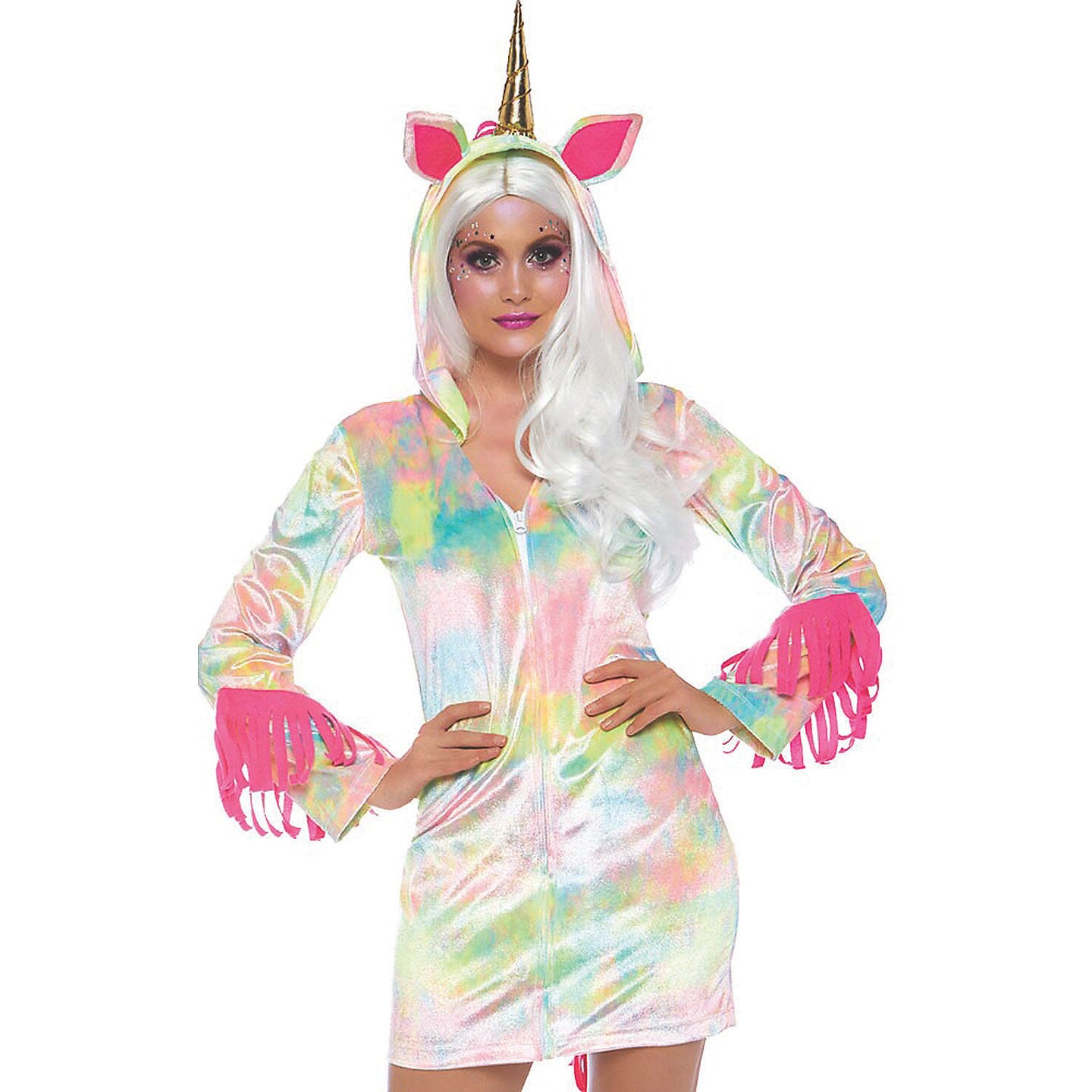 Enchanted Unicorn Adult Halloween Costume Velvet Zipper Front Dress with Tail and Hood