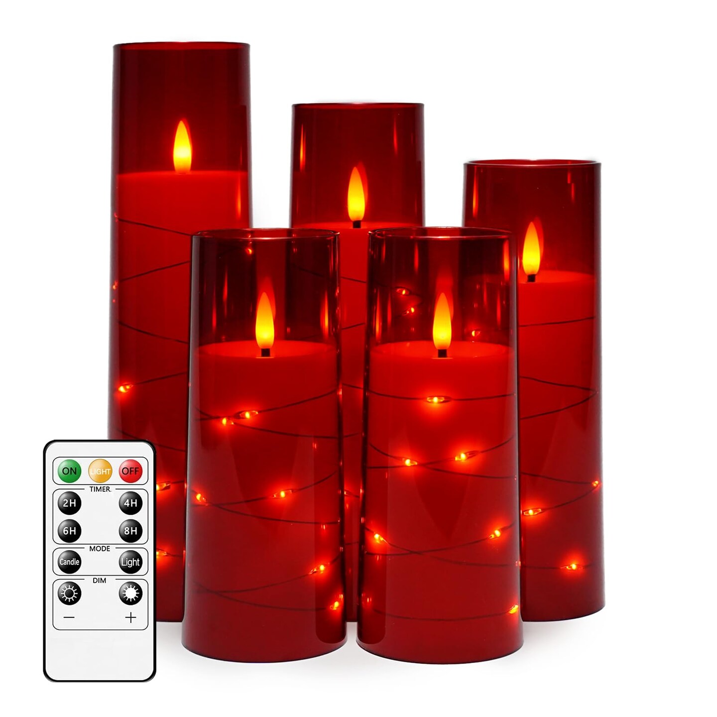 Flameless LED Candles with Timer 5 Pc Flickering Flameless Candles for Romantic Ambiance and Home Decoration Stable Acrylic Shell,with Embedded Star String,Battery Operated Candles(Red)