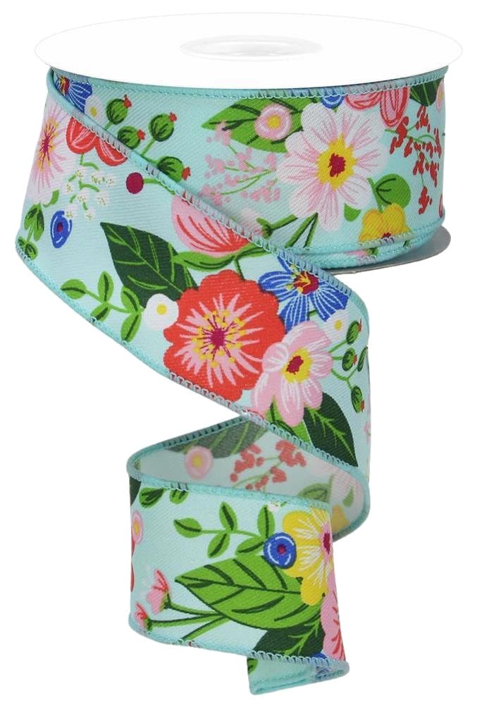 RG Ribbon: 1.5" / 2.5" Flower Garden Wired Ribbon - For Bows, Wreaths, Crafts, and Decorations - Aqua, Mint, Pink, Yellow, Green, Multi