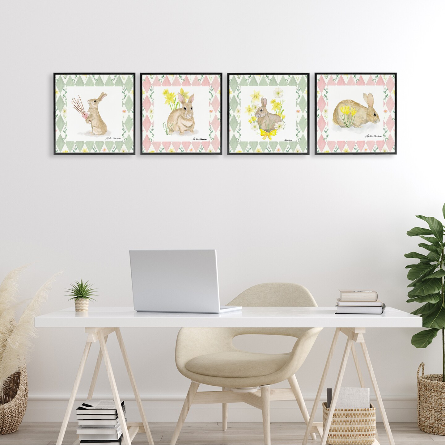 Stupell Industries Spring Bunnies on Argyle 4pc Framed Giclee Set, design by Lee Ann Sanders