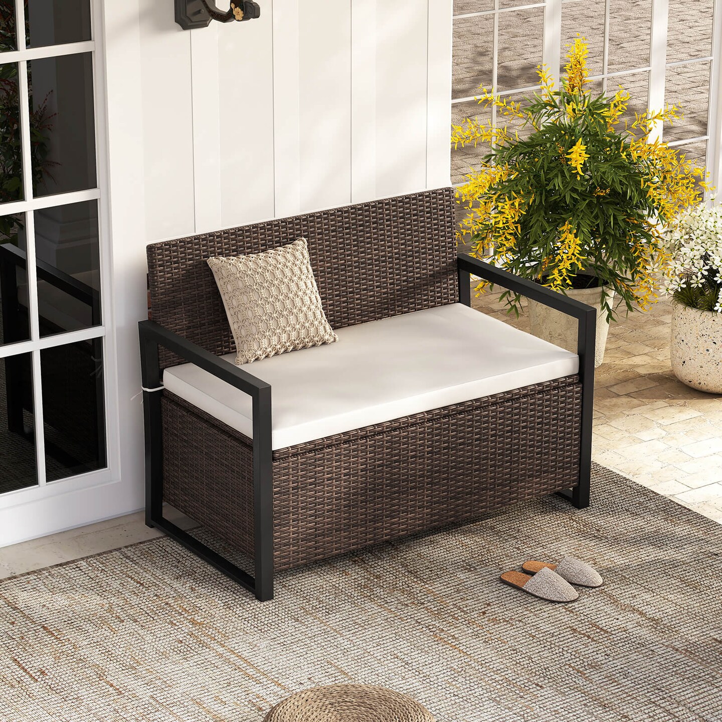 Costway Patio Storage Bench Wicker Loveseat with Built-in Storage & Long Seat Cushion Brown/Gray