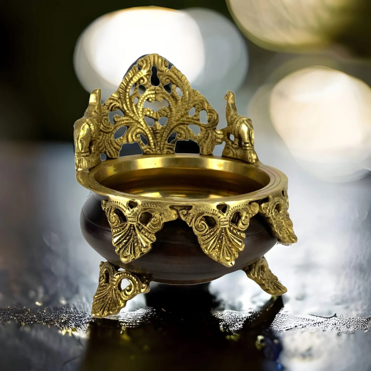 Brass Urli Bowl Elephant Design 6.5 Inch Indian Ethnic Urli Bowls for Floating Flowers Tea Light Candles Home Office Table Pooja Room Decor Diwali Decoration Showpiece Housewarming Gift