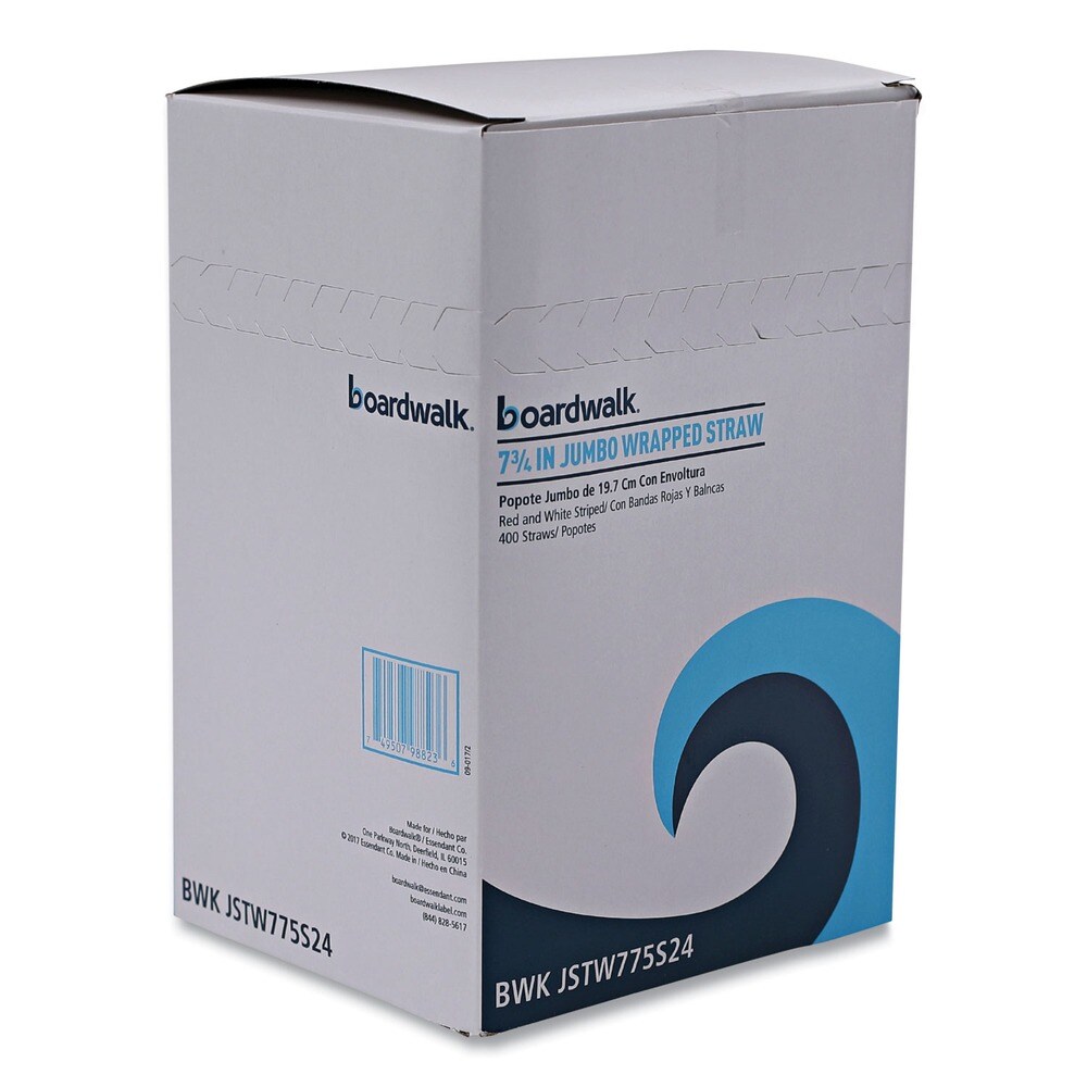 Boardwalk 7.75 in. Wrapped Jumbo Plastic Straws - White/Red Stripe (400/Pack, 25 Packs/Carton)