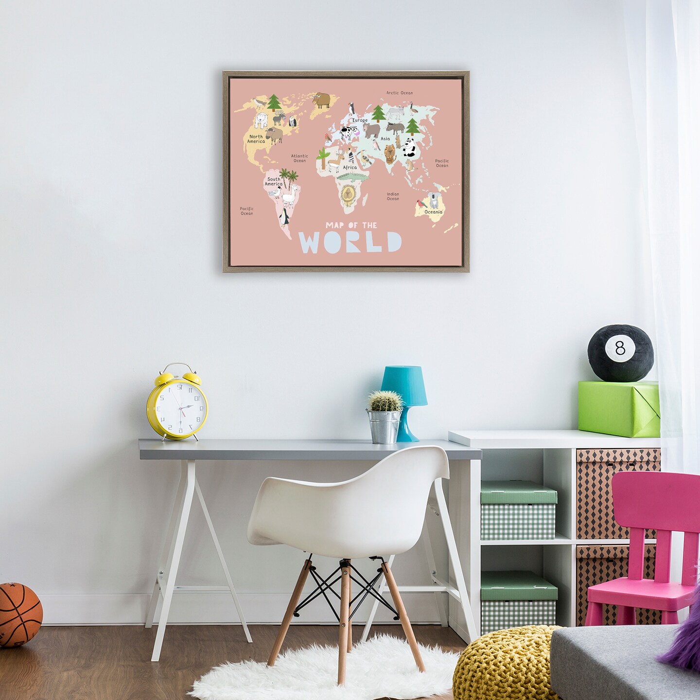 Stupell Industries Kid's Map Of World Pink Floating Frame, design by Carla Daly