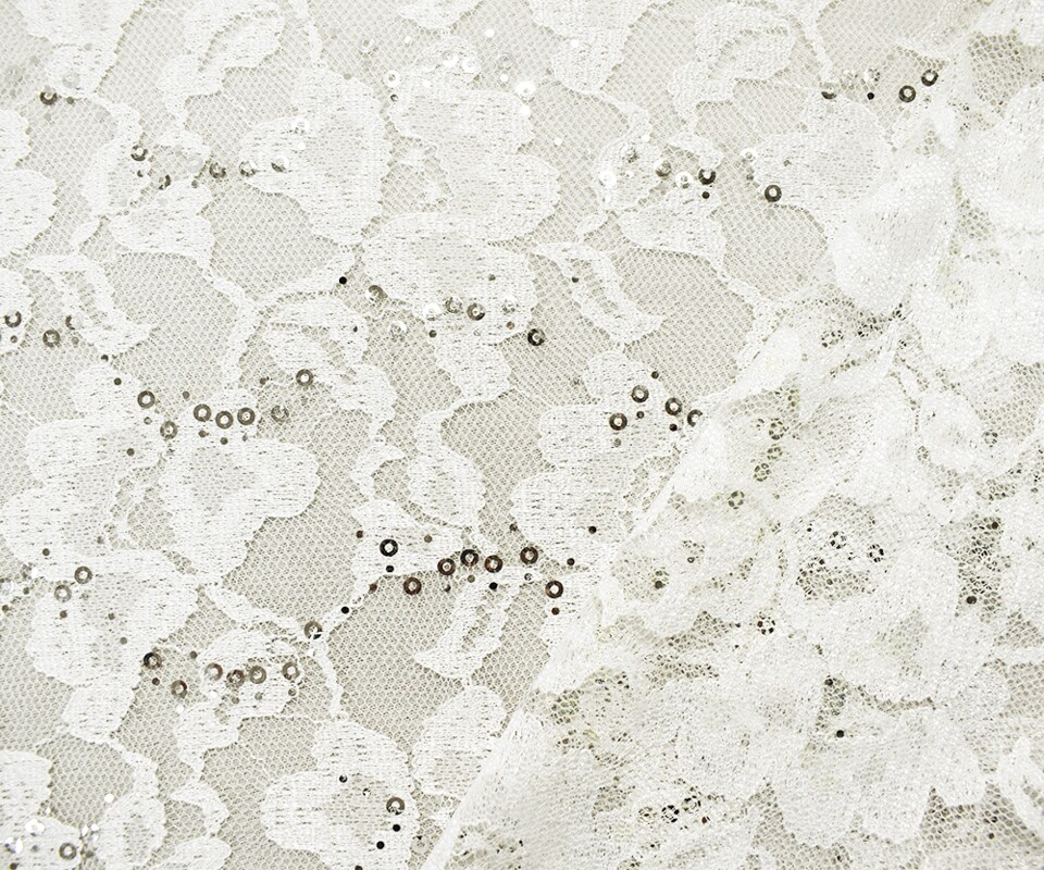 White-Silver Nylon-Polyester Floral Sequin Crochet Lace Knit Fabric By the Yard