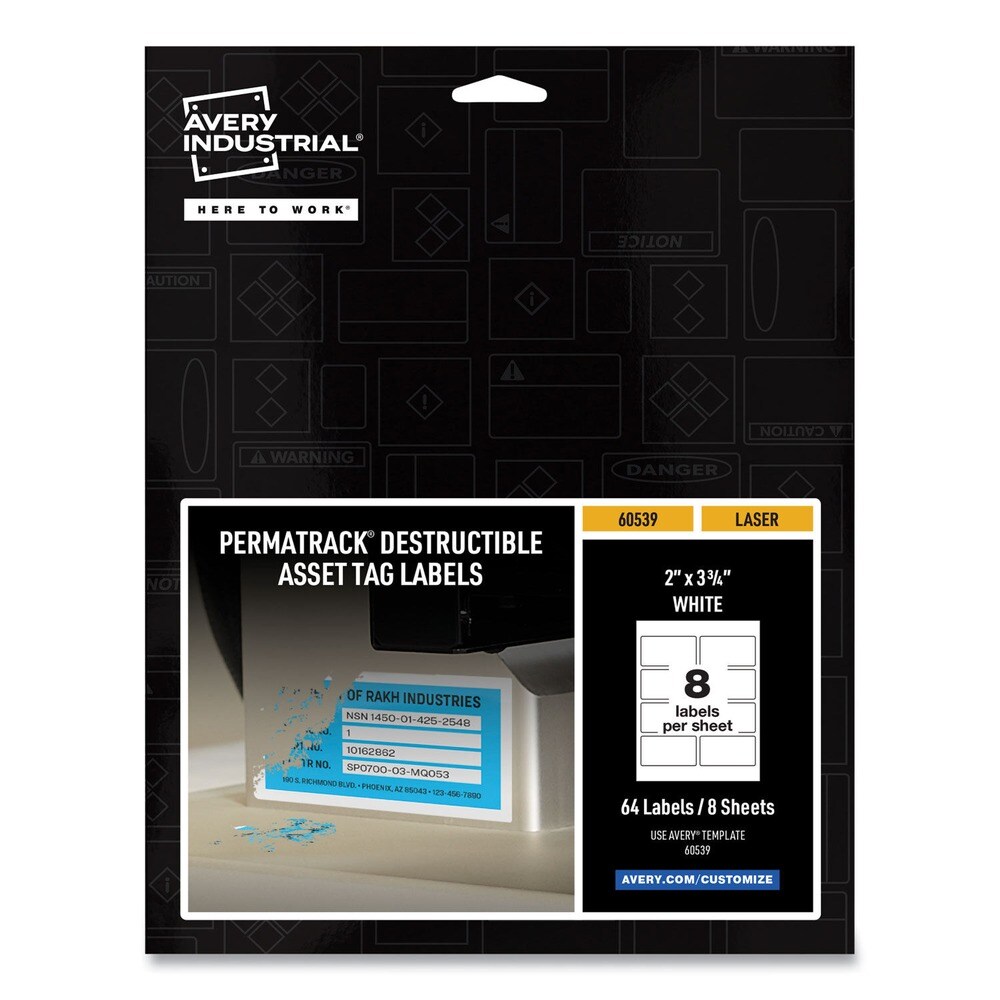 Avery PermaTrack 2 in. x 3.75 in. Laser Printers Destructible Asset Tag Labels - White (64/Pack)