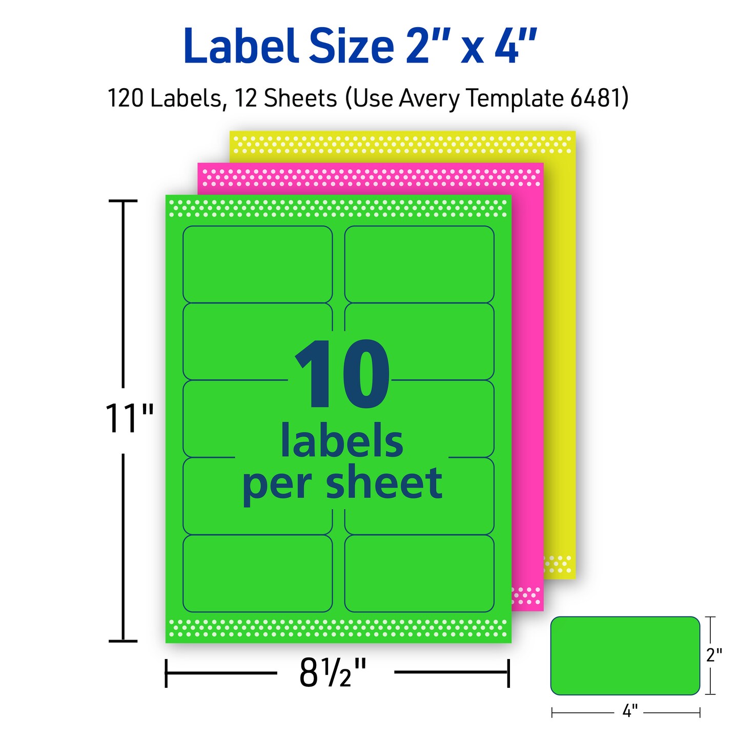 Avery Printable Labels with Sure Feed, 2" x 4", Assorted Neon Colors (Green, Magenta, and Yellow), Removable Adhesive, Laser & Inkjet Compatible, 120 Blank Labels Total (6481)