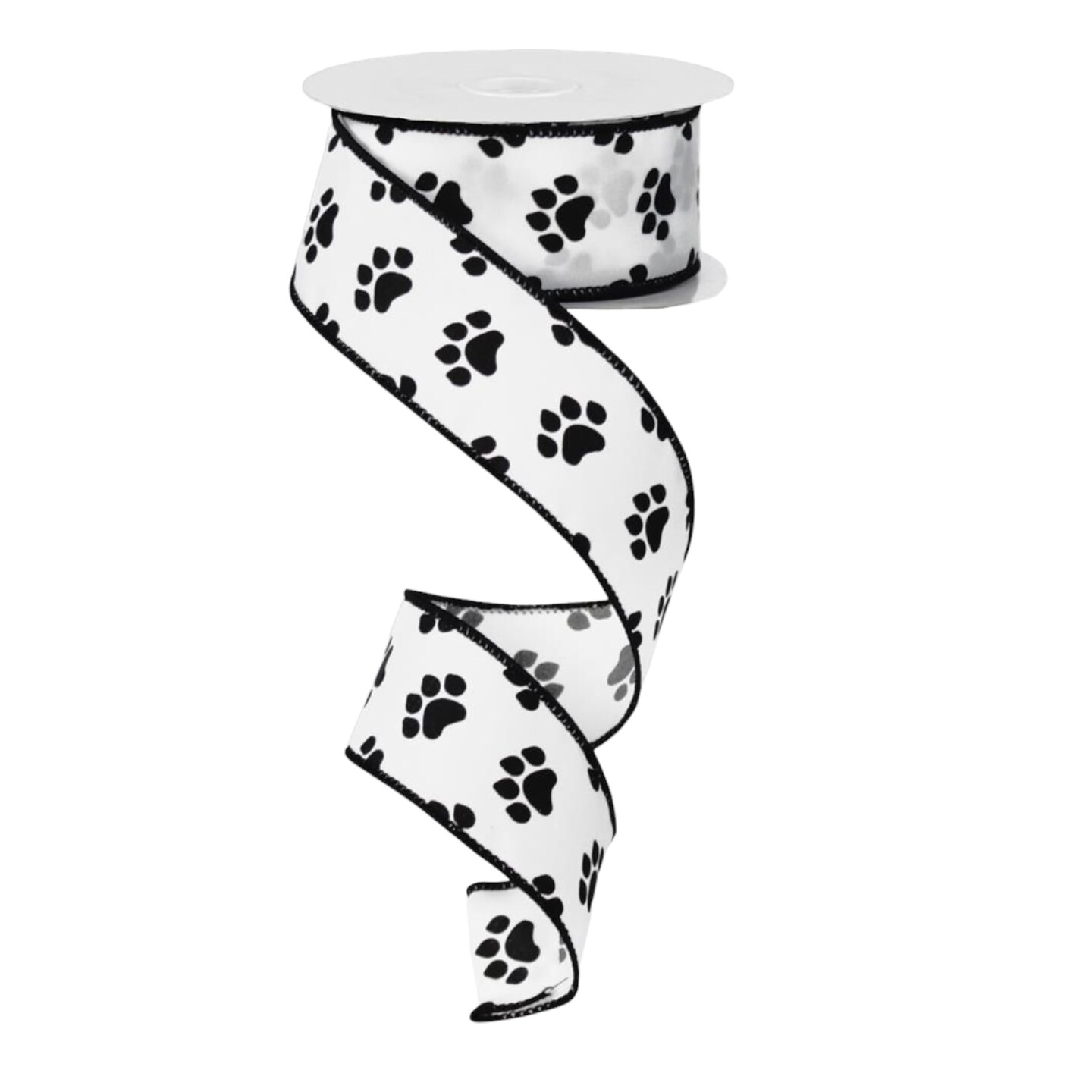Paw Print 1.5" Inch Wired Ribbon, 30' Feet - White, Black - For Bows and Wreaths
